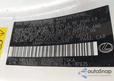 2016 Lexus Es 350 z USA, uszkodzony, nr VIN 58ABK1GG4GU022599